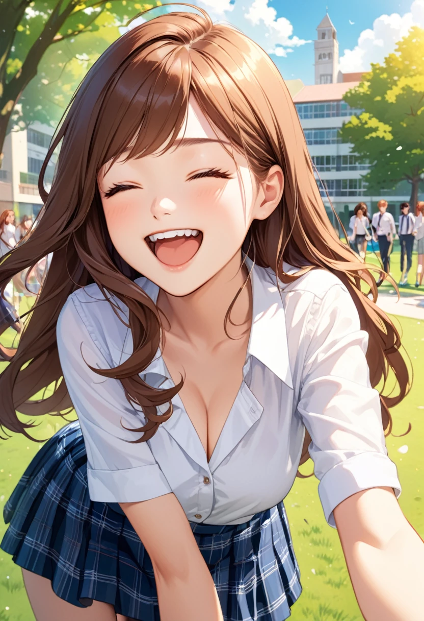 detailed illustration, dynamic angle, ultra-detailed, illustration, 1girl, 18 year old, school girl, wavy brown hair, long hair, bright brown eyes, white blouse, blue plaid skirt, brin, happy, elated, joyful, college campus, outside, grass, buildings, leaning forward, preening, cleavage, medium breasts, laughing, eyes closed