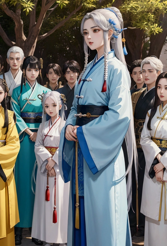 a close up of a group of people (3 girls and 4 boys) standing next to each other, game cg, xianxia fantasy, chinese fantasy, full body wuxia, chinese mmorpg, xianxia hero, korean mmo, wuxia, dynasty warriors, g liulian art style, mmorpg, by Ren Renfa, inspired by Pu Hua, mmorpg fantasy, 4k,8k RAW, High Resolution, Extream detailed, 3 girls and 4 boys, 1girl with brown hair and brown eyes used white clothes, big breasy, 1girl in a silver hair and used blue clothes, 1girl in a white hair and used yellow clothes, 3girls line up parallel in front, 4boys line up parallel in behind, all look at the camera,