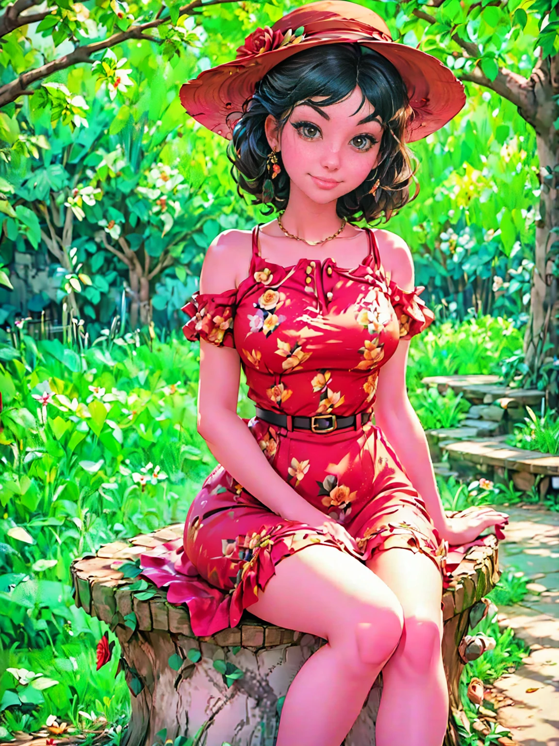 woman sitting on a tree stump wearing a dress and hat, pinup style, rockabilly style, romantic dress, dressed in a flower dress, red rose in hair, by Zofia Stryjenska, red floral dress, red dress and hat, rockabilly, by Silvia Pelissero, floral couture, black and red dress, dressed like in the 1940s