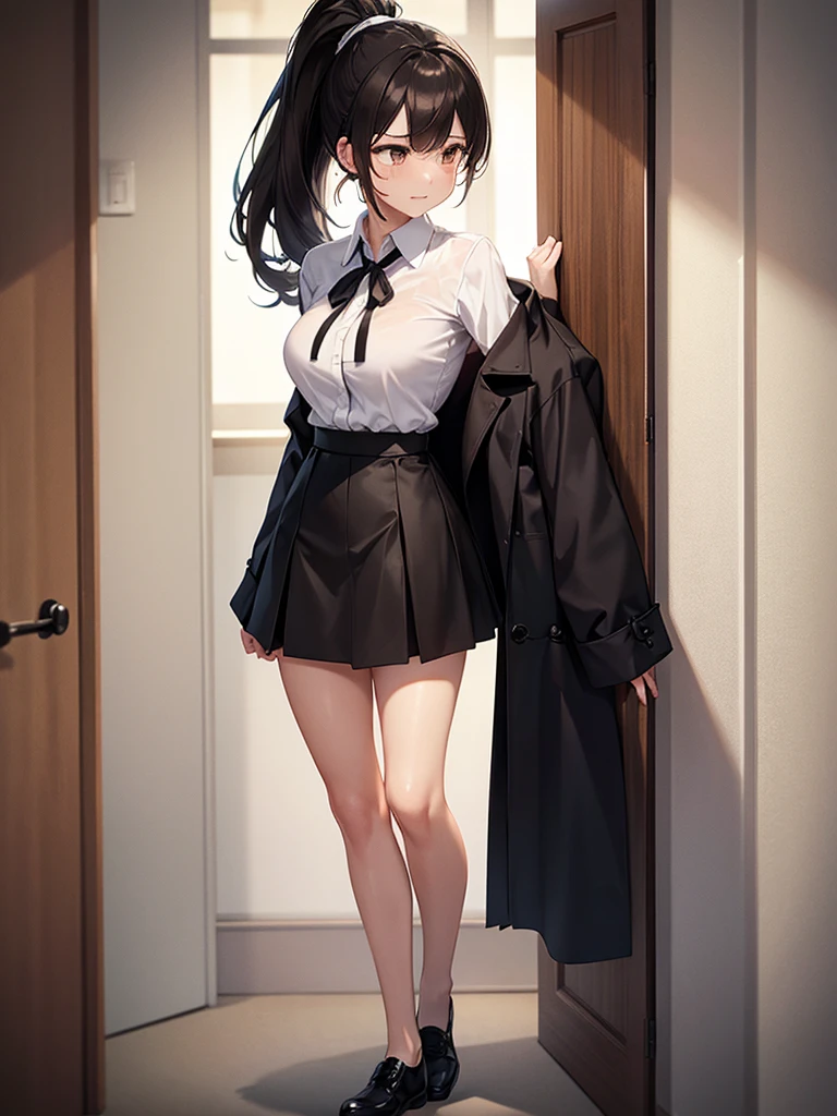 Solo: Composition seen from directly behind:1.9 Close-up on the back of the head:1.9. Back:1.9 Women Crying face Tears:1.9. Apartment Room Full body view High ponytail:3.6 Working adult, white collared shirt, 3/4 sleeves, black skirt, black jacket, short black hair, straight hair, hair tie Brown eyes, tall, strong-willed, tall and slender, large breasts, narrow eyes, beautiful