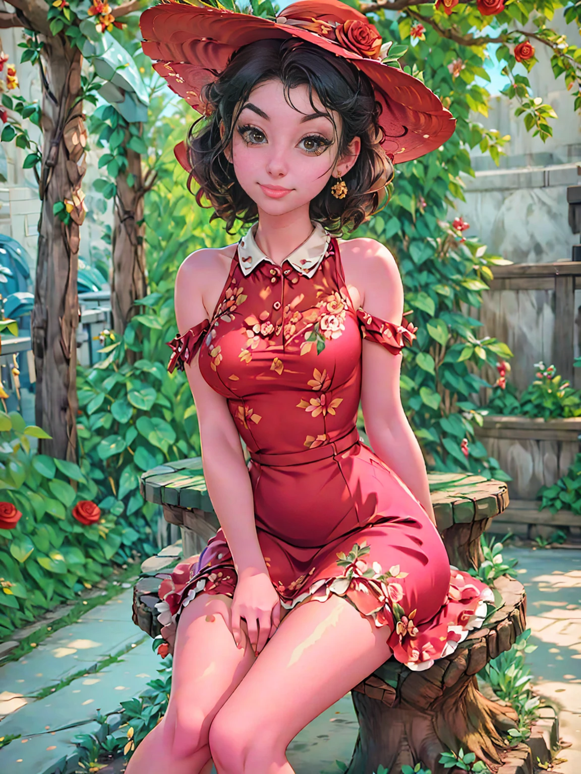 woman sitting on a tree stump wearing a dress and hat, pinup style, rockabilly style, romantic dress, dressed in a flower dress, red rose in hair, by Zofia Stryjenska, red floral dress, red dress and hat, rockabilly, by Silvia Pelissero, floral couture, black and red dress, dressed like in the 1940s