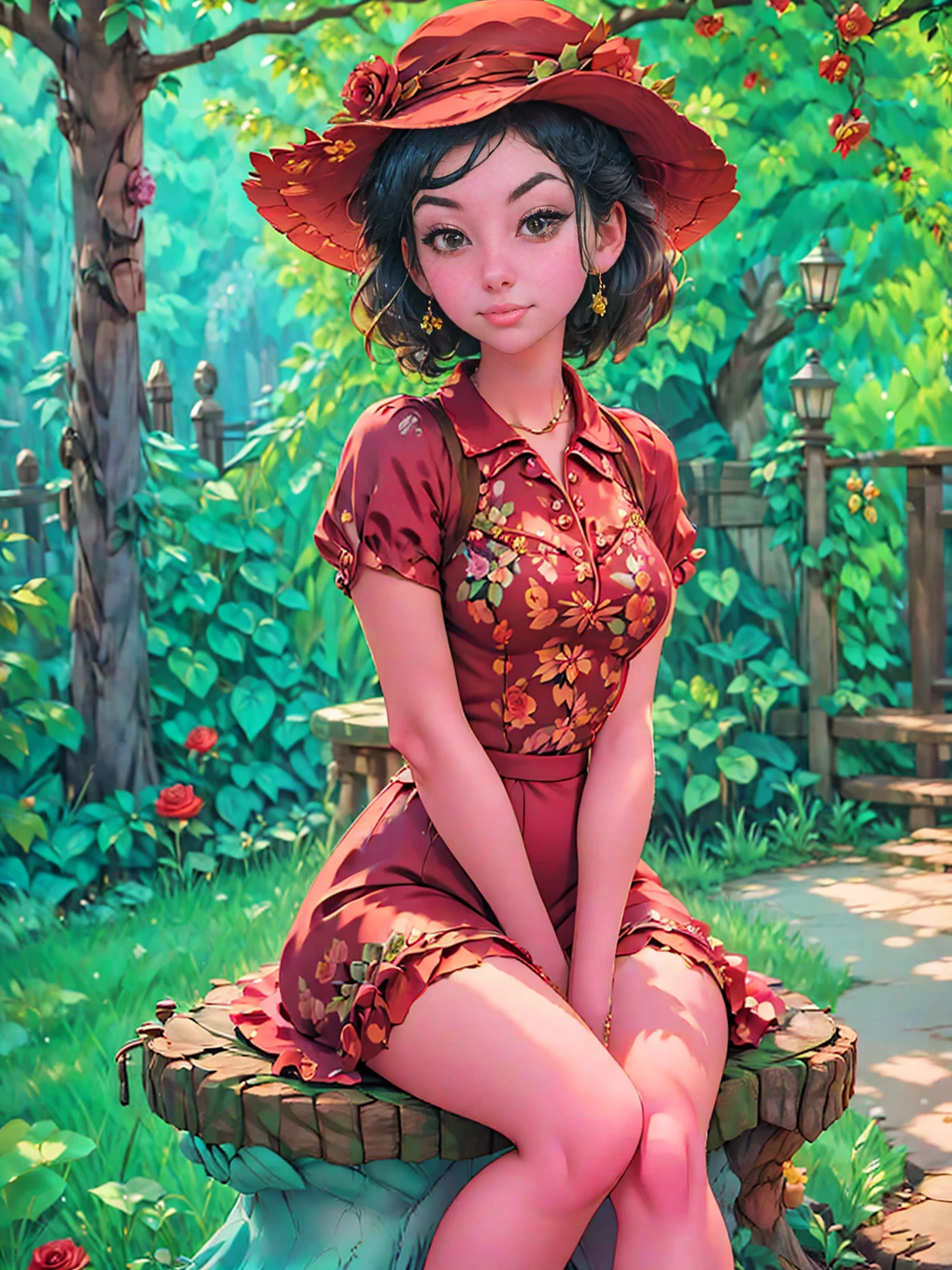 woman sitting on a tree stump wearing a dress and hat, pinup style, rockabilly style, romantic dress, dressed in a flower dress, red rose in hair, by Zofia Stryjenska, red floral dress, red dress and hat, rockabilly, by Silvia Pelissero, floral couture, black and red dress, dressed like in the 1940s