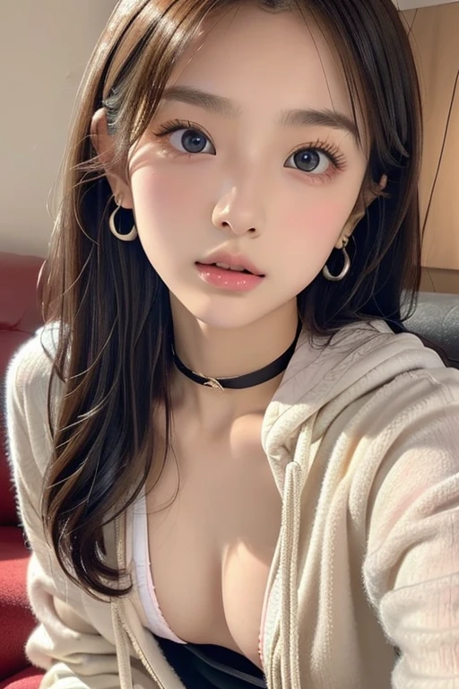 1 girl、 female、cute、((Small breasts))、(((Long white hair)))、((Completely naked))、(No bra、Light blue hoodie、Red and black checked miniskirt） And a very slim figure,,,,,、Very thin leganicules、Earrings、Pink Lip、choker、Real、Sexual、Highest quality、Detailed face、Detailed Background、Depth of written boundary、whole body viewing angle、Get on your knees and sit on the couch、Sexual、alone、night,Highest quality、High resolution、超High resolution（Real：1.4）Detailed eyes、Gradation、Perfect anatomical figure、Woman with perfect body、Highly detailed skin、非常にDetailed face、Beautiful eyes in every detail、Background Blur