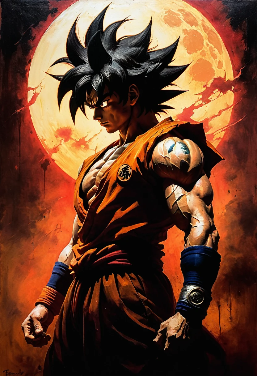 (Inscription to Uroy anyone) Frank Frazetta. masterpiece. Best quality. Beautiful cinematic impressionistic painting in the style of Stephen Gammell, dark scarlet background, Chemiluminescence. (anime Dragon Ball (Sangoku-Goku) fairy background) (Minimalism:1), original details. Ashley Wood style.