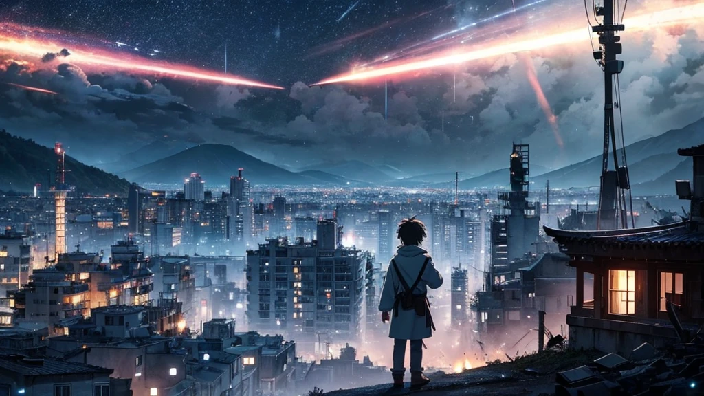 [anime　Ghibli style]The ruined city、The city is devastated by the battlefield and the lights are out。Standing in the palm of a giant robot、Back view of a 。The background is night、The rain is falling sadly。The stars are shining in the night sky。The little birds are flying。I want to create an image that goes well with ambient music.。