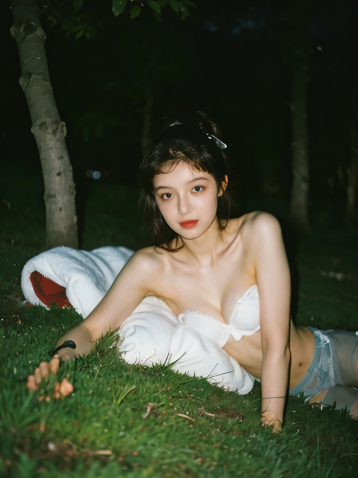 a hyper-realistic portrait of a young woman, TOPLESS BUT WEARING NIPPLE PAD, SHOW OFF ARMPIT, SEXY POSE, DEEP CLEAVAGE, half asleep, under a tree, inside a forest, in the middle of nature, 22 years old, realistic, (lying on her side), IN SUNSET TIME, she is wearing a red panties, (wearing a garter belt and black pantyhose), sexy, (MEDIUM BREAST), torn, (all torn), short brown hair, (hair tied with bows), SLIM BODY,