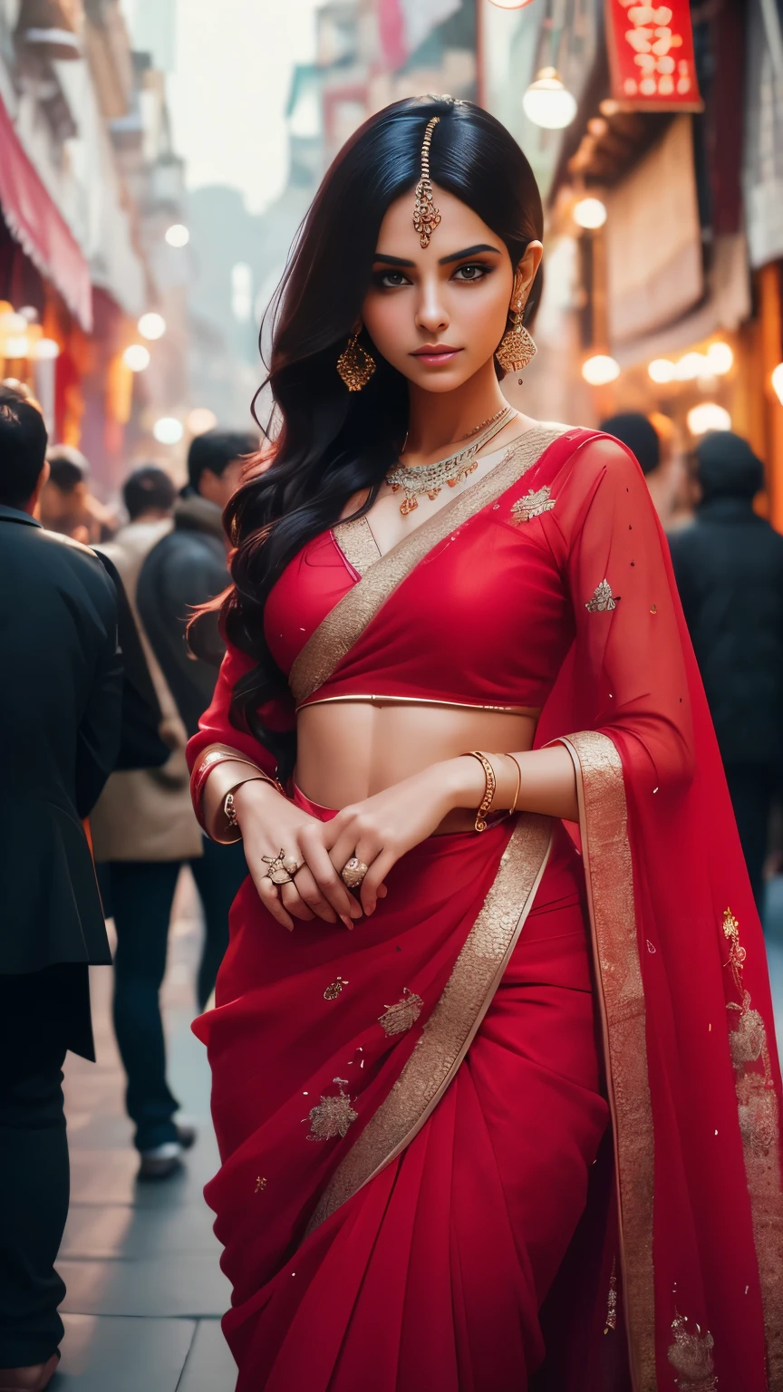 In the bustling streets of a vibrant Indian city, amidst the kaleidoscope of colors and scents, a woman (((Selena Gomez:Emma Watson:0.7))) clad in a vibrant red saree and a black blouse becomes an ethereal sight that captivates all who lay eyes upon her. Her undeniable beauty transcends time and space, leaving onlookers spellbound.
Describe the scene as the woman, with her graceful presence, glides through a crowded marketplace, where merchants and shoppers pause to admire her radiance. The atmosphere is alive with whispers as her mesmerizing allure evokes a sense of awe and admiration.
Embark on a journey to reveal the woman’s story—her name, her background, her passions—and the reasons behind her choice of attire. Explore her persona, intertwining elements of mystery and allure, as people speculate on the secrets hiding behind her enchanting gaze.
Incorporate the sights, sounds, and emotions that surround this extraordinary woman, as she navigates through the city’s vibrant tapestry. Whether it be the scent of freshly ground es, the distant sound of temple bells, or the intricate henna designs adorning her hands, immerse the reader in the sensory experience of this captivating moment.
As the story unfolds, her path intertwines with that of a curious photographer who becomes determined to capture her undeniable beauty in a single photograph. Describe their encounters, the photographer’s attempts to understand her story, and the profound impact this woman’s presence has on his own life.
