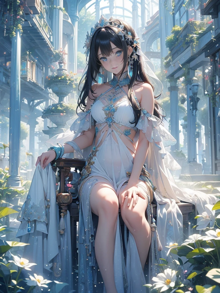 (masterpiece, Highest quality, Highest quality, Official Art, Beauty and aesthetics: 1.2), (One girl: 1.3), (Fractal Art: 1.3), Bright aqua blue eyes, Medium length hair with tassels, Nude midpart