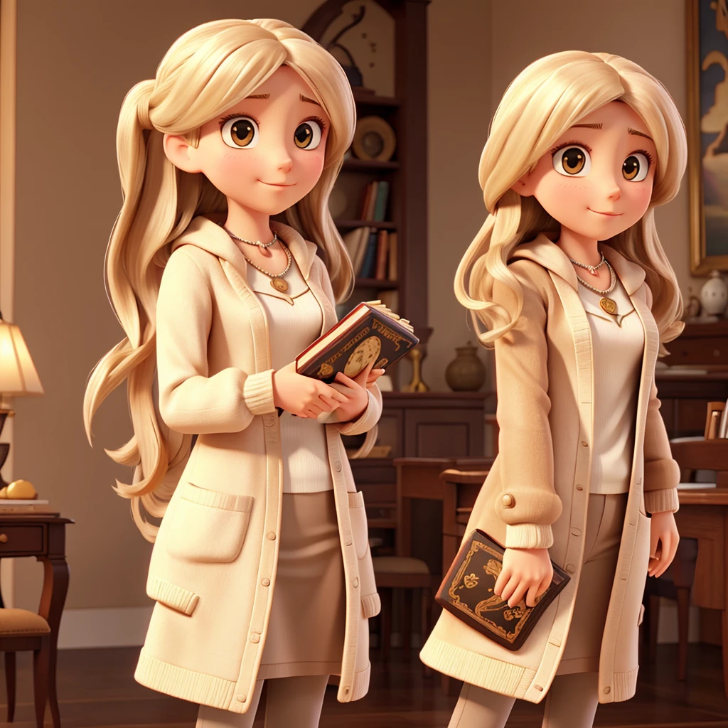 Caucasian female. long straight hair. Holding a book. White heart necklace. Brown cardigan. Background with a classic baroque artwork. face image. 