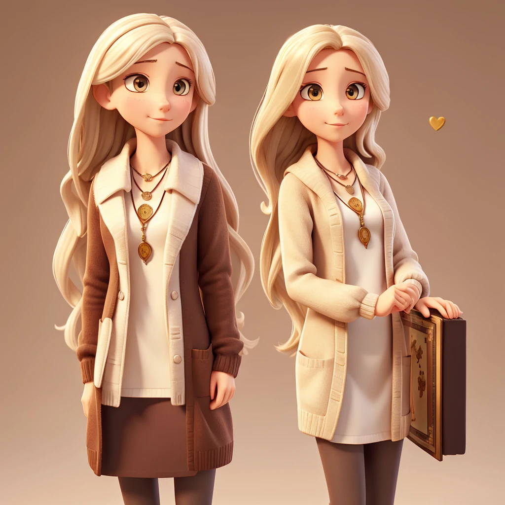 Caucasian female. long straight hair. Holding a book. White heart necklace. Brown cardigan. Background with a classic baroque artwork. face image.