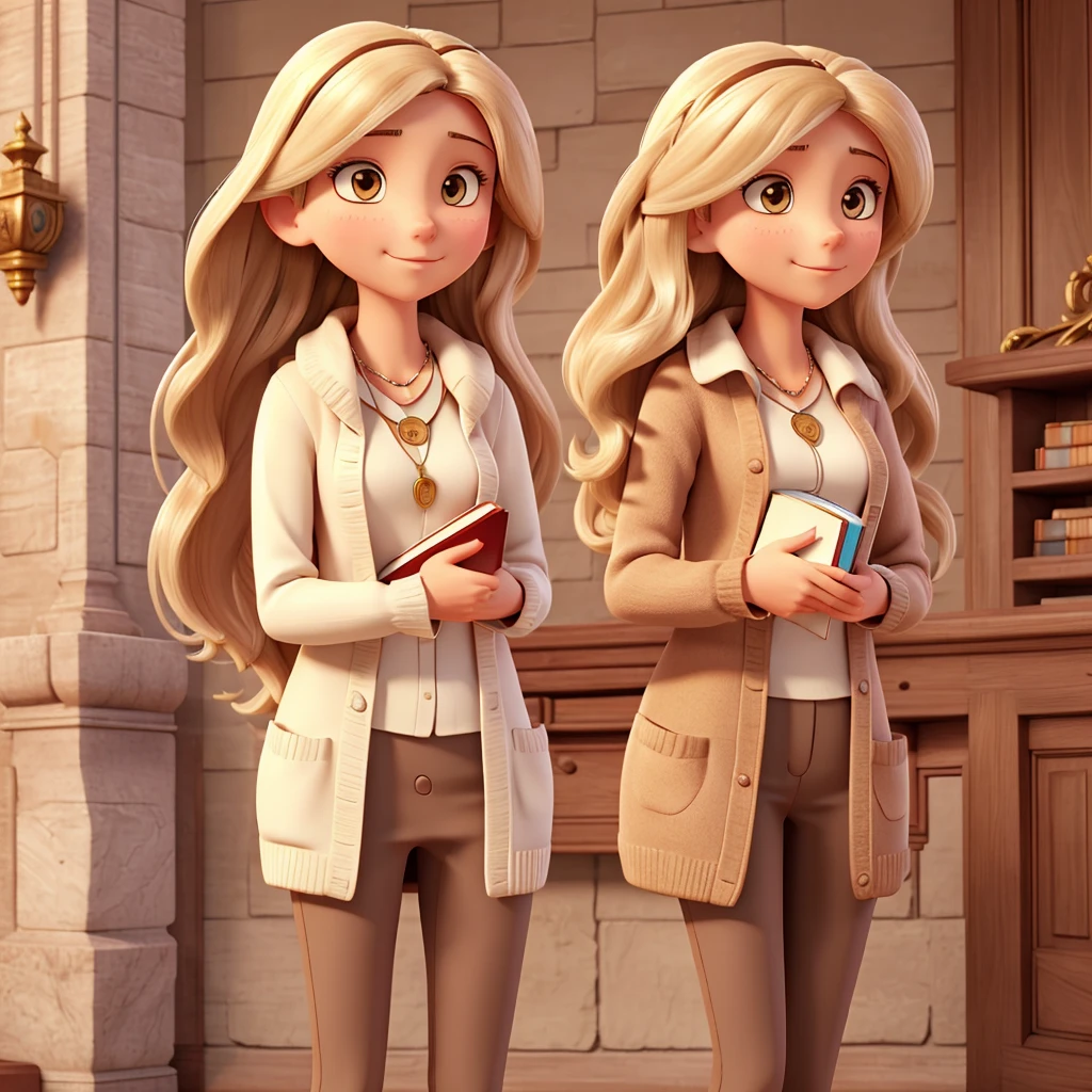 Caucasian female. long straight hair. Holding a book. White heart necklace. Brown cardigan. Background with a classic baroque artwork. face image.