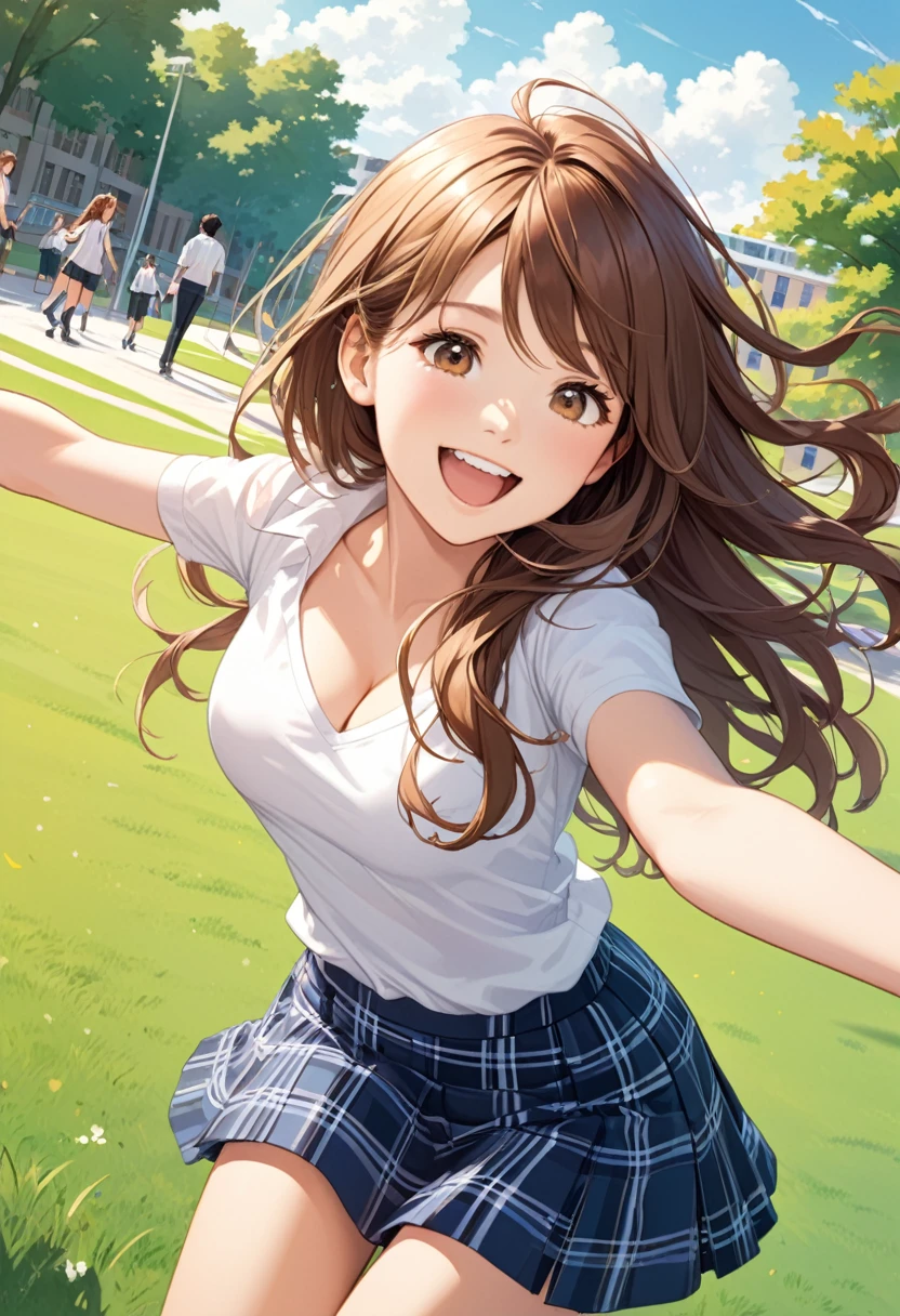 detailed illustration, dynamic angle, ultra-detailed, illustration, 1girl, 18 year old, school girl, wavy brown hair, long hair, bright brown eyes, white blouse, blue plaid skirt, brin, happy, elated, joyful, college campus, outside, grass, buildings, leaning forward, preening, cleavage, medium breasts