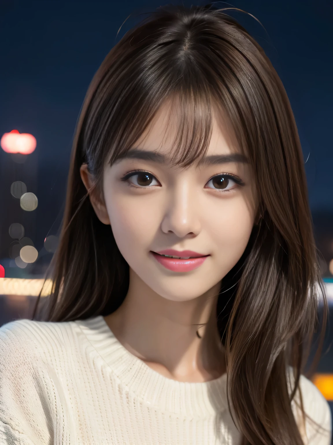 masterpiece, best quality, ultra-detailed, intricately detailed hyperdetailed, realistic, sharp features, highly detailed, sharp focus, Realistic, Photorealistic:1.3, perfect face, perfect symmetrically eyes, perfect full lips, hyper detailed, hyper realistic, high resolution, Fashion Model, Attractive Japanese Idols, (19 years old:1.3), Slender, Stylish, model poses, Beautiful Face, light brown hair, messy hair, asymmetrical bangs, (seductive smile:1.2), (looking at viewer), cinematic lighting, downtown at night, White knit