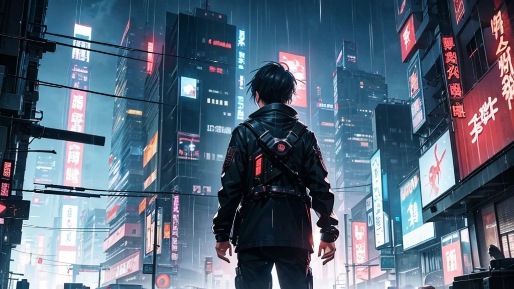 [Cyberpunk Style][anime　Ghibli style]Cyberpunk Styleの荒廃した街が、The city is devastated by the battlefield and the lights are out。Standing in the palm of a giant robot、Back view of a little boy。The background is night、The rain is falling sadly。The stars are shining in the night sky。The little birds are flying。I want to create an image that goes well with ambient music.。