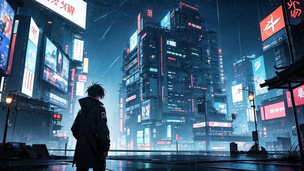 [Cyberpunk Style][anime　Ghibli style]Cyberpunk Styleの荒廃した街が、The city is devastated by the battlefield and the lights are out。Standing in the palm of a giant robot、Back view of a 。The background is night、The rain is falling sadly。The stars are shining in the night sky。The little birds are flying。I want to create an image that goes well with ambient music.。