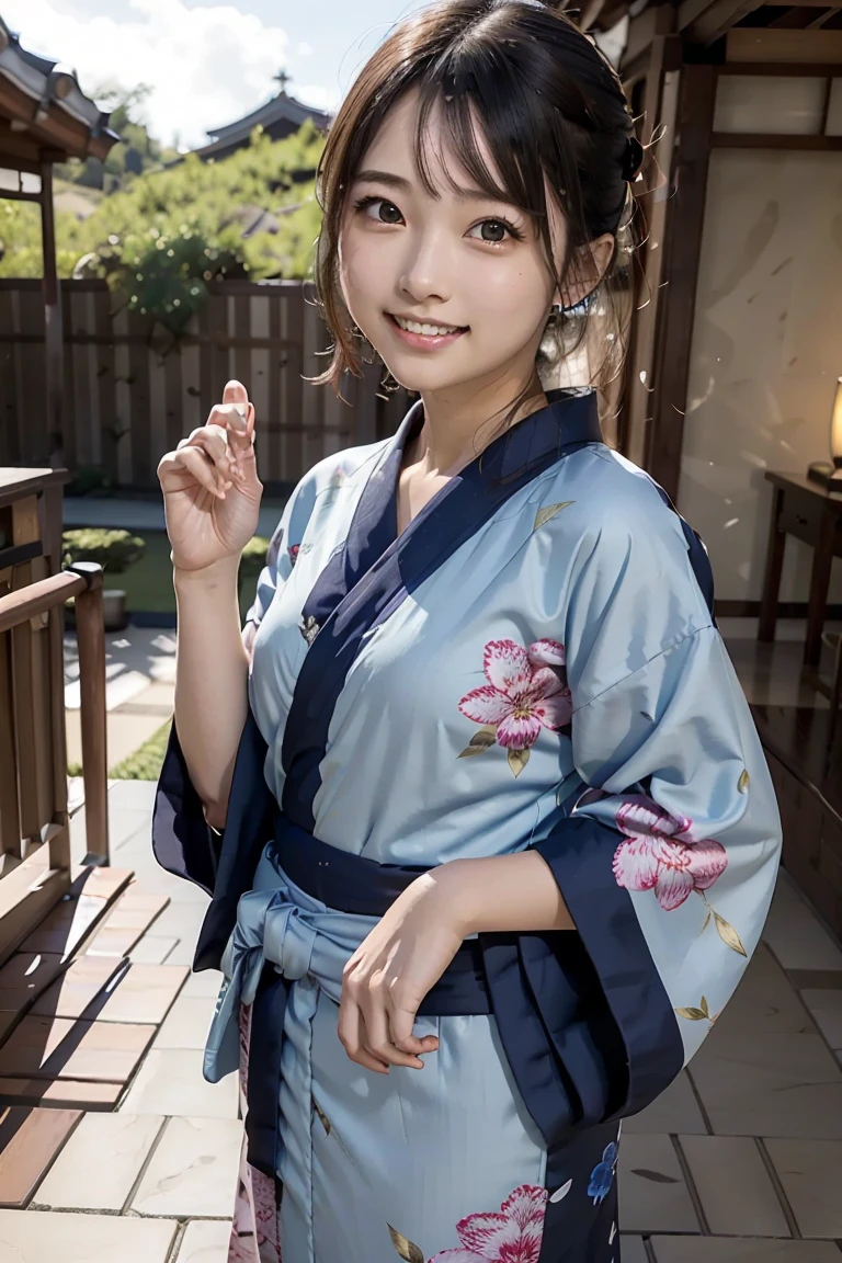 girl in blue floral yukata robe, wave at the camera, wave hands(8k, top quality, high definition, the best masterpiece, childish face, small breasts, balance carefully, I'm watching my audience, big eyes, bilateral symmetrical eyes, laugh showing teeth, yukata, Japan kimono, blue floral kimono, blue floral yukata with one hand lightly raised and waving, realistic skin, hydrated skin, perfect model body type, photorealistic, raw photo, super cute, Upper body image, front pose)