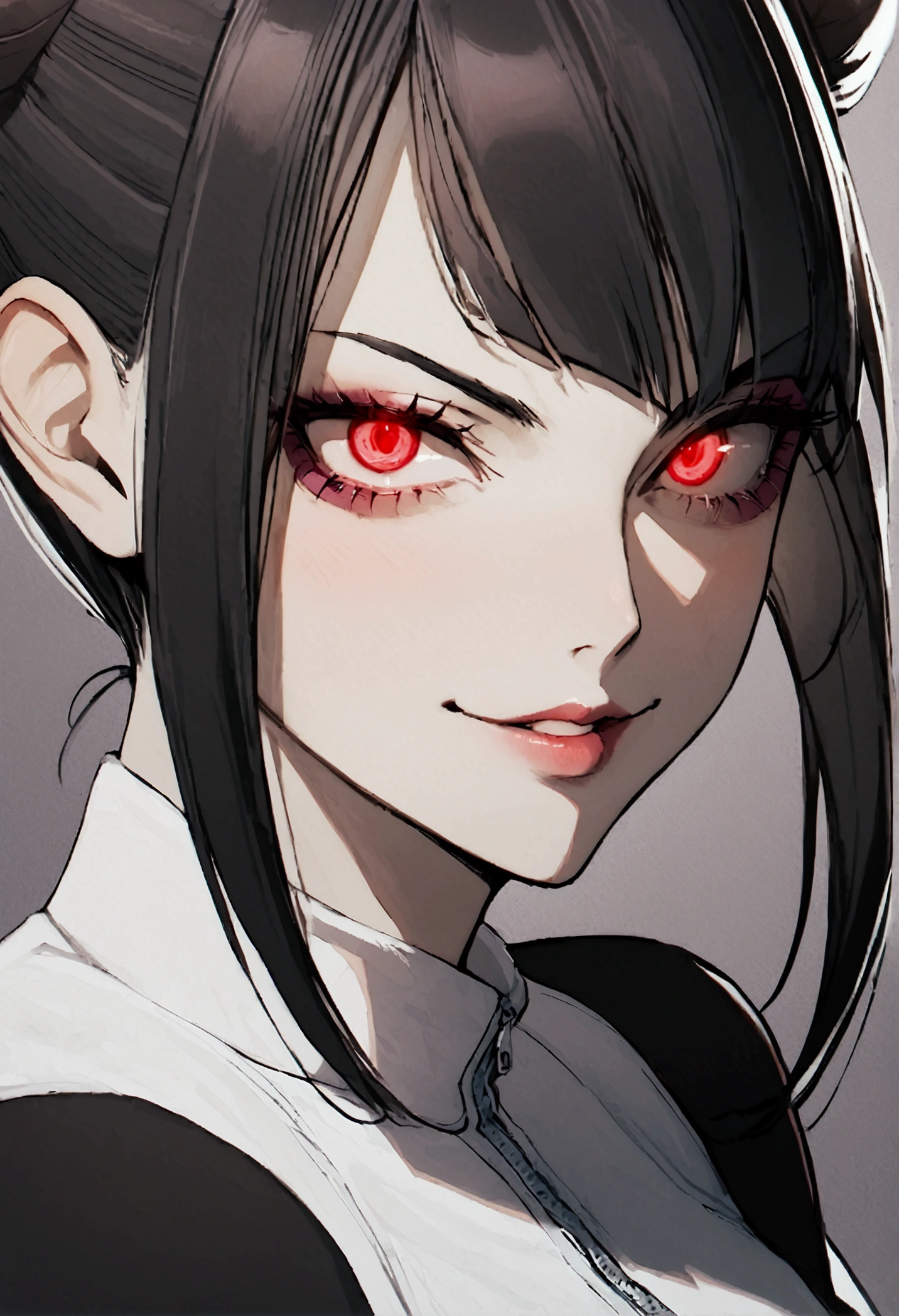 couple,dark eye shadow,shining eyes,beautiful young fitness woman with , in a gym wearing May with black pantyhose, white and black gym jacket. ,hair horns,red eyes glowing,Evil smile,legging preto ,labiaa,dark eye shadow,shining eyes,close up,hair with purple details .evil smile,couple,juri han e chun li
