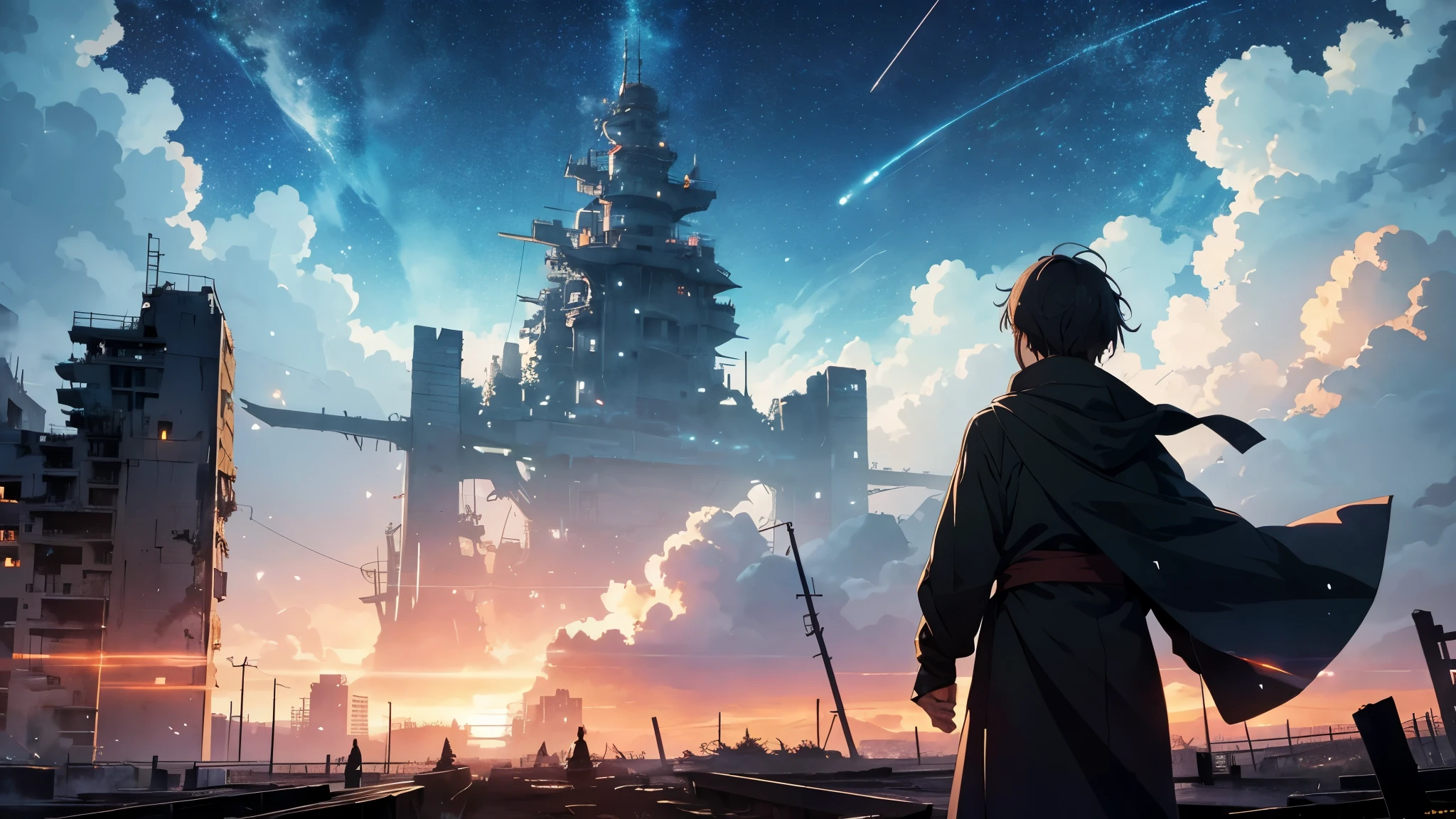 [anime　Ghibli style]The ruined city、The city is devastated by the battlefield and the lights are out。Standing in the palm of a giant robot、Back view of a little boy。The background is night、The rain is falling sadly。The stars are shining in the night sky。The little birds are flying。I want to create an image that goes well with ambient music.。