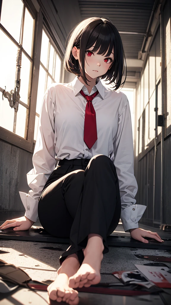 white room, asylum, white shirt with tied sleeves, dark hair, fair skin, girl, wounds, red eyes, black pants, no shoes