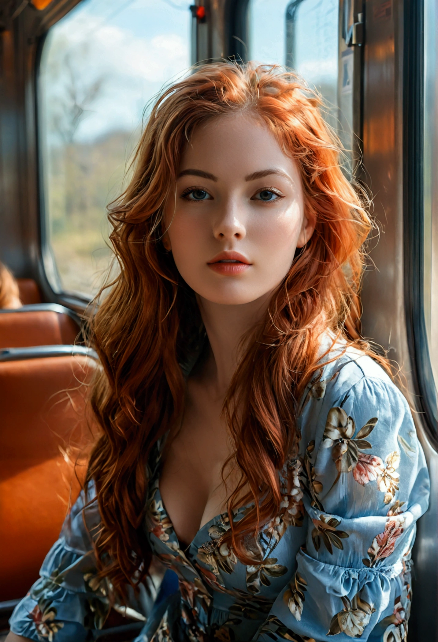 (full body shot:1.7) photorealistic image of a (standing pose:1.3) woman, ultra realistic, photography, long red hair, girl, 24 years old, hourglass figure, perfect body, natural medium breasts, blur background, smokey eye make-up, long eyelashes, looking seductive, seduction, dreamy look, full body, full body picture, full body shot, wide angle, wide angle picture, she is sitting in the train, outside it is a beautiful sunny day, through the open window of the train a fresh breeze comes in, she has wind in her hair, wind is blowing in her hair,