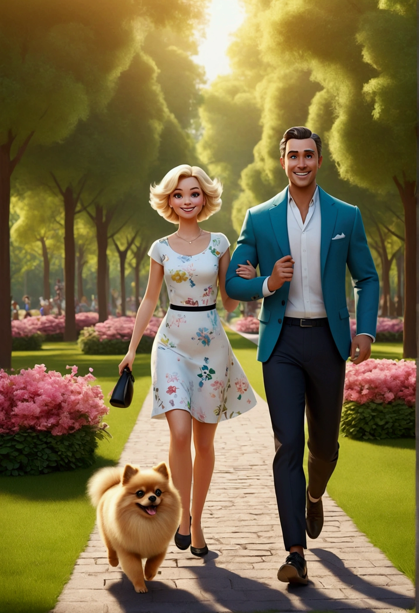 A woman with medium skin, medium blond hair and black eyes, a tall man whith short hair. They wears beautiful cloths. They are runing in the park with a little black Pomeranian dog with a white belly in a park. This image was drawn in a 3d Disney style. Every detail is carefully crafted, from the happy colors to the playful design, creating a visually captivating piece. The characters are happy and . The overall image quality is exceptional, attracting audiences with its charm and creativity. xtreme textures and details, 64K.