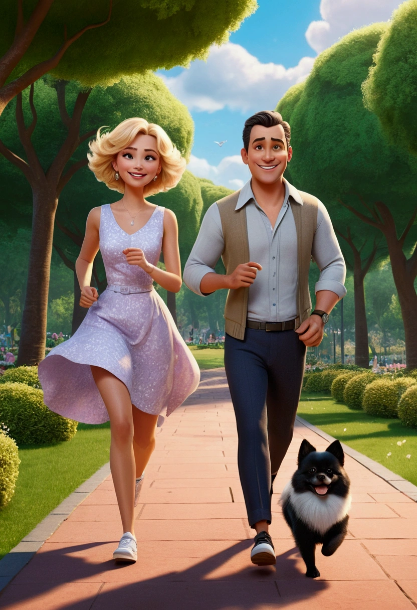 A woman with medium skin, medium blond hair and black eyes, a tall man whith short hair. They wears beautiful cloths. They are runing in the park with a little black Pomeranian dog with a white belly in a park. This image was drawn in a 3d Disney style. Every detail is carefully crafted, from the happy colors to the playful design, creating a visually captivating piece. The characters are happy and . The overall image quality is exceptional, attracting audiences with its charm and creativity. xtreme textures and details, 64K.