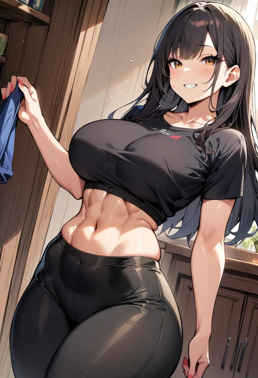 ((Best Quality)), ((masterpiece)), (detailed), 1 girl, long black hair, red locks, Brown eyes, medium large breasts, big thighs, muscular abdomen, flirty expression smiling, tight black cropped t-shirt, tight black sports pants, at home