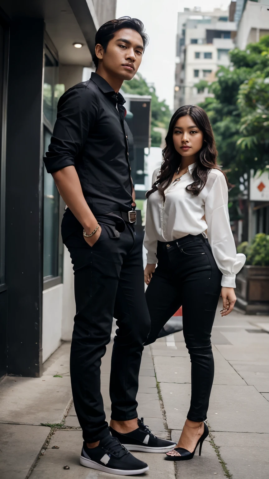 an Indonesian man and an Indonesian woman standing next to each other, an image, inspired by Adam Dario Keel, which is trending in the cg community, a handsome young Indonesian man with a beautiful young Indonesian woman with black wavy hair, a man dressed in a shirt with shoes and a woman dressed in a blouse and black skinny jeans and heels. singer, movie screencap, model elisajes from acquamodels