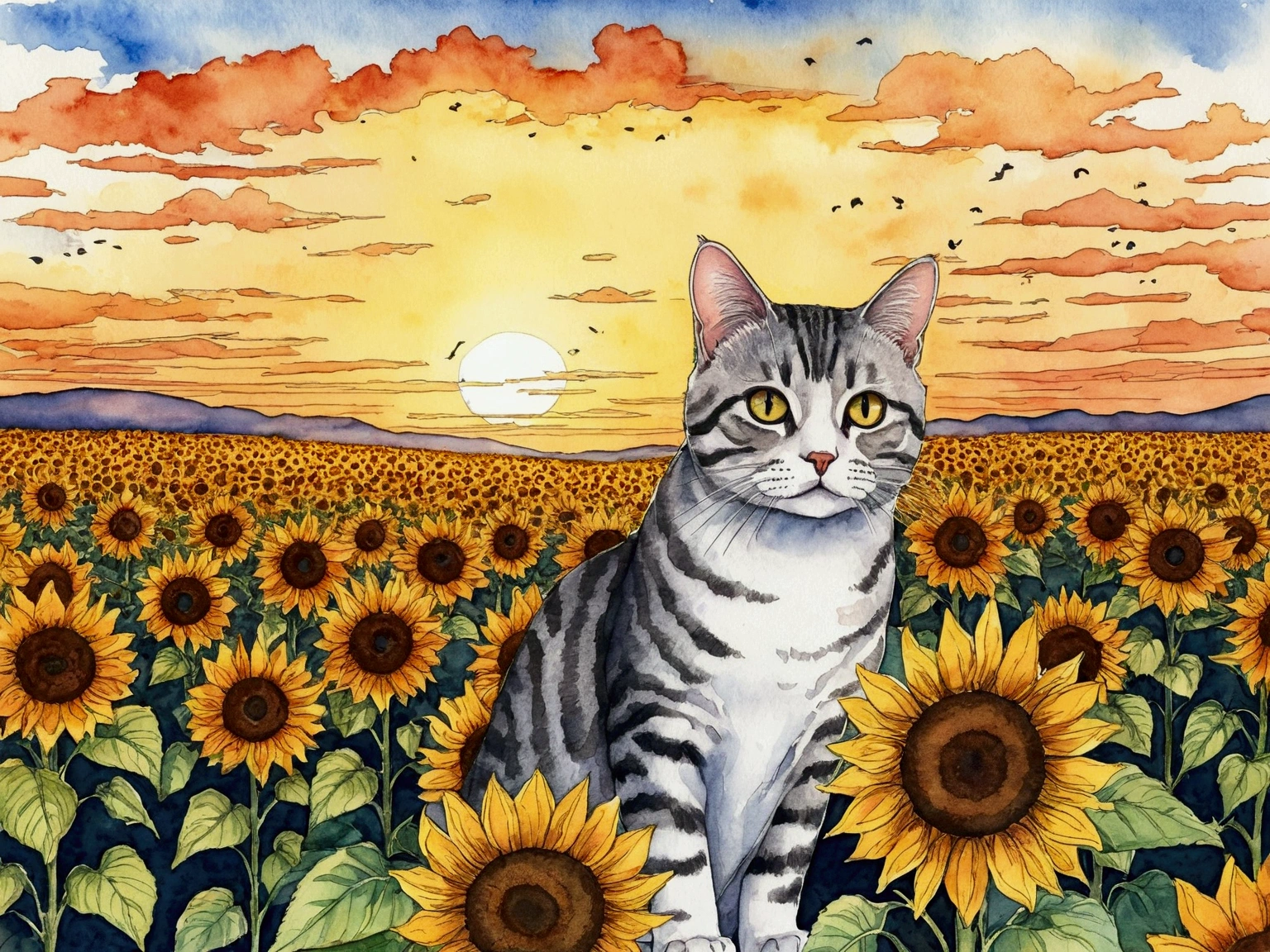 Cat American Shorthair Sunflower field Lots of sunflowers Attention to detail Hand drawn watercolor sketch Ink illustrations オレンジのsunsetのSunflower field Sunset sunset