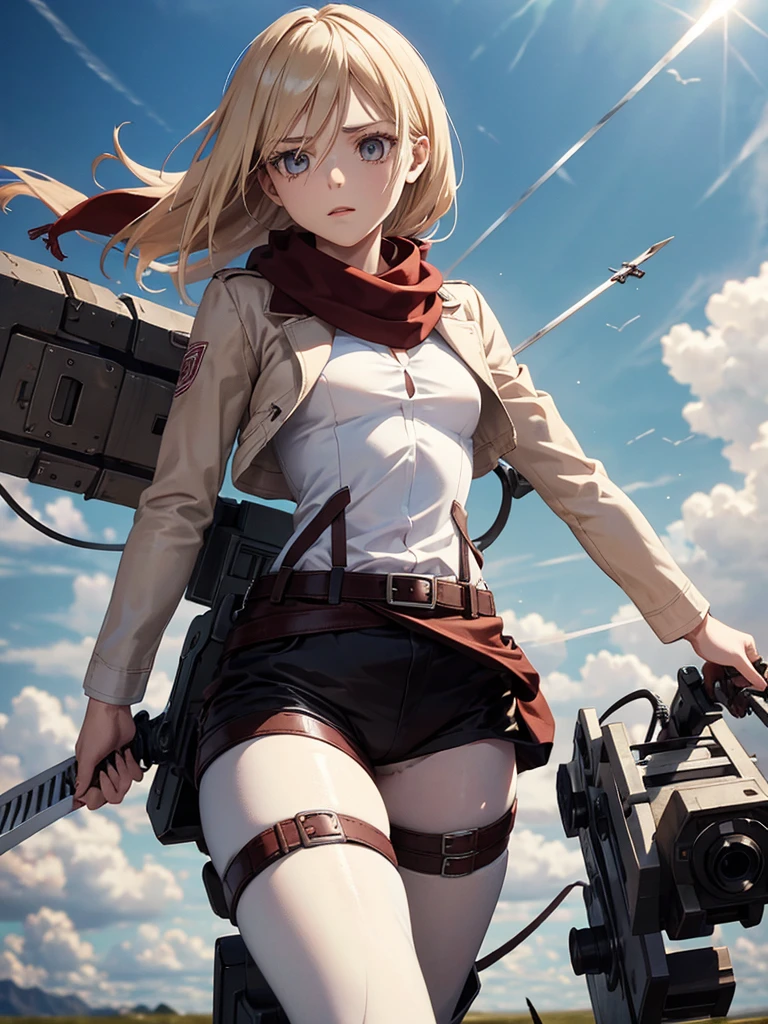 Historia, pantie tug, small breasts, , belt, thigh strap, red scarf, white pants, brown jacket, long sleeves, holding weapon, sword, dual wielding, three-dimensional maneuver gear, flying with gear, damaged clothes 