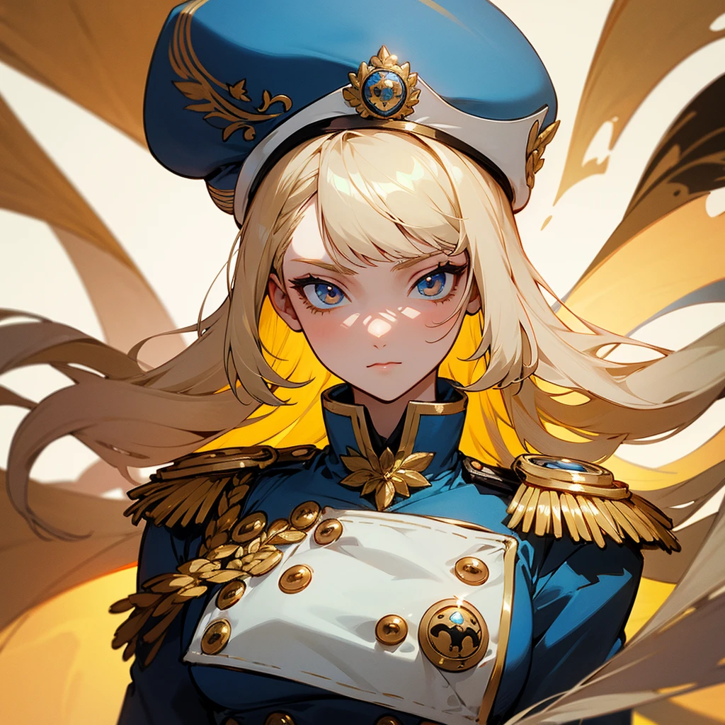 "A portrait of an anime-style female character with delicate features, long blonde hair, wearing a uniform inspired by Napoleonic military fashion. The outfit should include a coat with ornate epaulets and gold buttons. The uniform is predominantly navy blue with gold and white details. The character has a confident expression and an upright posture. Focus on the face and upper torso. Anime art style with vibrant colors and refined details."