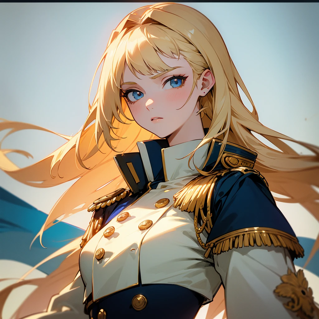  "A portrait of an anime-style female character with delicate features, long blonde hair, wearing a uniform inspired by Napoleonic military fashion. The outfit should include a coat with ornate epaulets and gold buttons. The uniform is predominantly navy blue with gold and white details. The character has a confident expression and an upright posture. Focus on the face and upper torso. Anime art style with vibrant colors and refined details."