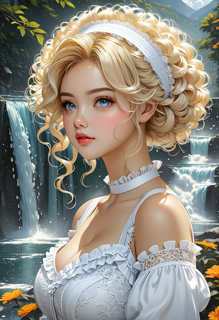 Thirst trap beautiful women, clean girl aesthetic. white tress that is girly, frilly, lacey. Her blonde hair is coarse, wiry, tightly curled, and densely packed, with a rough texture prone to frizz and tangling. White hairband. official art is an award-winning digital masterpiece in 4K Ultra HD, featuring extreme detail and intricate realism. It combines the artistry of Wlop and Artgerm in a stunning 2D vector illustration. She has huge firm, perky, v symmetrical, and spherical breasts. The background is a tranquil waterfall.
