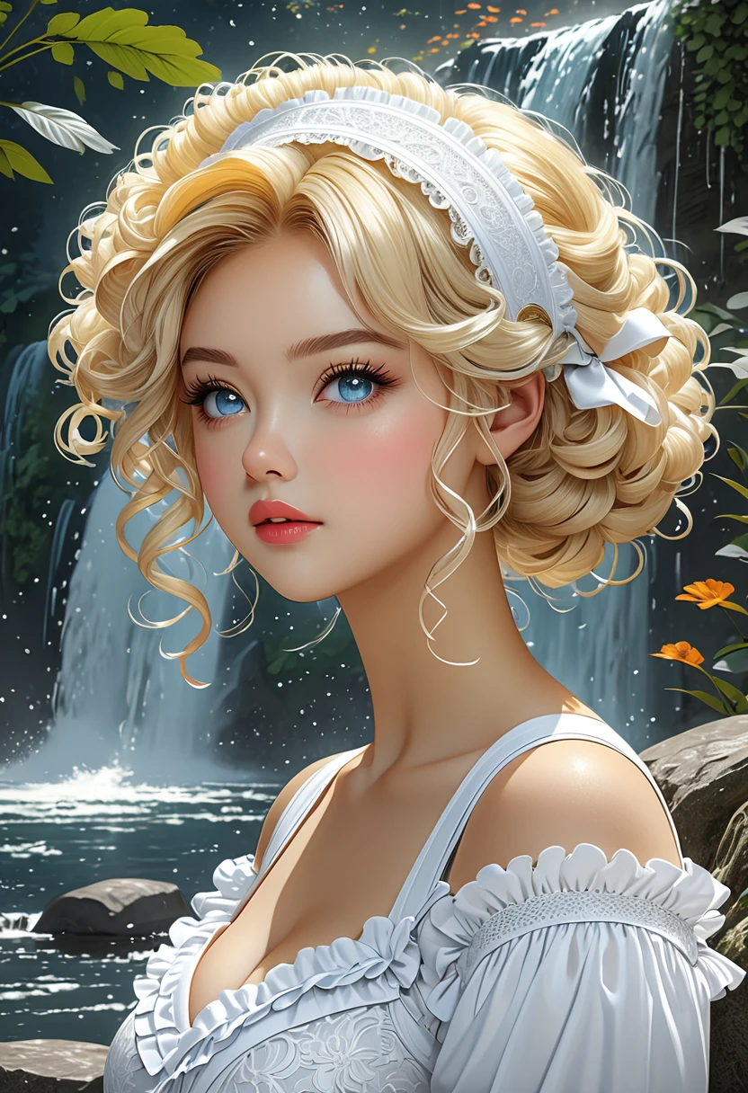 Thirst trap beautiful women, clean girl aesthetic. white tress that is girly, frilly, lacey. Her blonde hair is coarse, wiry, tightly curled, and densely packed, with a rough texture prone to frizz and tangling. White hairband. official art is an award-winning digital masterpiece in 4K Ultra HD, featuring extreme detail and intricate realism. It combines the artistry of Wlop and Artgerm in a stunning 2D vector illustration. She has huge firm, perky, v symmetrical, and spherical breasts. The background is a tranquil waterfall.