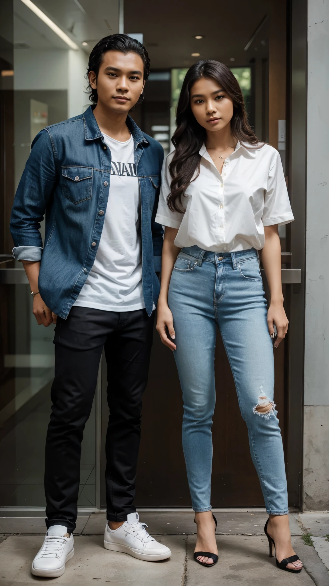 a man and a woman standing next to each other at a national monument in indonesia, an image, inspired by Adam Dario Keel, which is trending in the cg community, beautiful young Korean woman dressed in black party dress, jeans, movie screencap, model elisajes from acquamodels