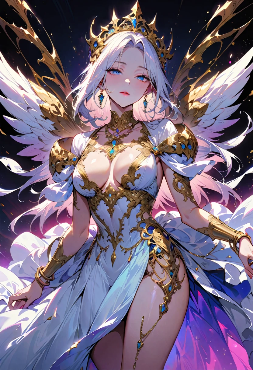 ung beautiful woman,(Highest quality,Extremely detailed depiction,Incredibly absurd high resolution,Anatomically accurate depiction,Curvy Legs),(Glowing Skin,Shiny skin),(A princess with a noble air),(Expensive sparkly dress,Boots with intricate relief,Metal embroidery,Transparent gemstones and precious metals decoration),(Blue Eyes,Detailed pupil,Half-closed eyes:1.3,Shadowed face,lipstick,There is cleavage in the chest,Cool look),eyelash,Luxury accessories,Earrings,necklace,Bracelet,Standing posture,background:Empire
