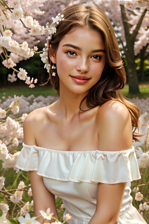 Best quality, masterpiece, ultra high res, (photorealistic:1.4), raw photo, 1girl, white dress, off shoulder, blossom flower field, glowing skin, light smile
