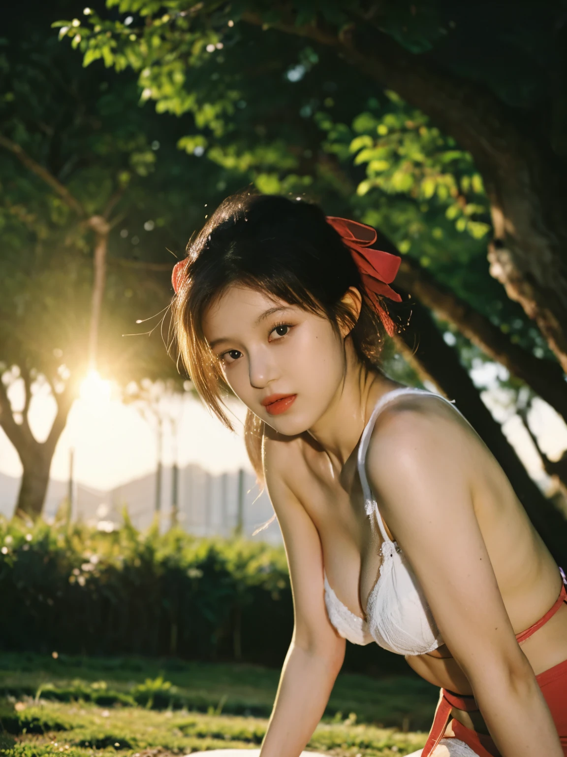 a hyper-realistic portrait of a young woman, TOPLESS BUT WEARING NIPPLE PAD, SHOW OFF ARMPIT, SEXY POSE, DEEP CLEAVAGE, half asleep, under a tree, inside a forest, in the middle of nature, 22 years old, realistic, (lying on her side), IN SUNSET TIME, she is wearing a red panties, (wearing a garter belt and black pantyhose), sexy, (SMALL BREAST), torn, (all torn), short brown hair, (hair tied with bows), SLIM BODY,