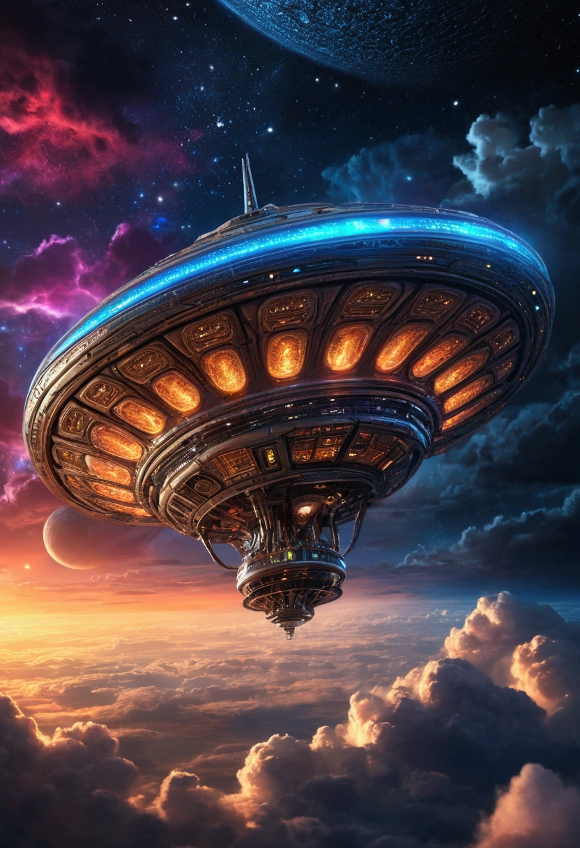 a beautiful alien spacecraft hovering in the night sky, highly detailed, intricate mechanical design, glowing lights, dramatic clouds, stars in the background, cinematic lighting, vibrant colors, digital painting, concept art, sci-fi, hyperrealistic, 8k, award winning