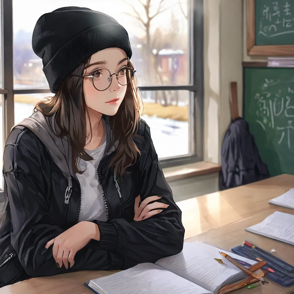 Walking river bank, loose black jacket, perfect hands, high detail, high quality, best detail, perfect irises, beanie, hipster, adult female, beanie, calm demeanor, mature, classroom, sitting by window