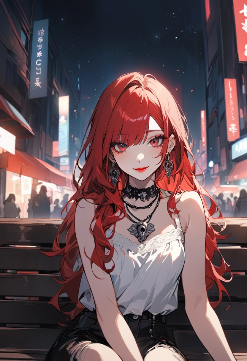 1 girl, alone, long hair, looking at viewer, smile, bangs, black red eyes, black tips in hair, jewelry, closed mouth, red hair, hair with black tips, earrings, eyelashes, neck necklace, skull necklace , makeup, lipstick, portrait, red lips, white blouse, bare shoulders, torn pants, black red eyes, sitting on bench, outdoors at night,