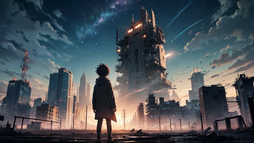 [anime　Ghibli style]The ruined city、The city is devastated by the battlefield and the lights are out。Standing in front of a giant robot、Back view of a 。The background is a dark night、The rain is falling sadly。The stars are shining in the night sky。The little birds are flying。I want to create an image that goes well with ambient music.。