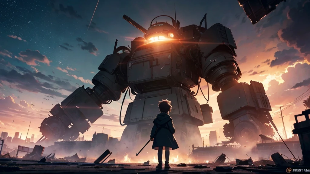 [anime　Ghibli style]The ruined city、The city is devastated by the battlefield and the lights are out。Standing in front of a giant robot、Back view of a little boy。The background is a dark night、The rain is falling sadly。The stars are shining in the night sky。The little birds are flying。I want to create an image that goes well with ambient music.。