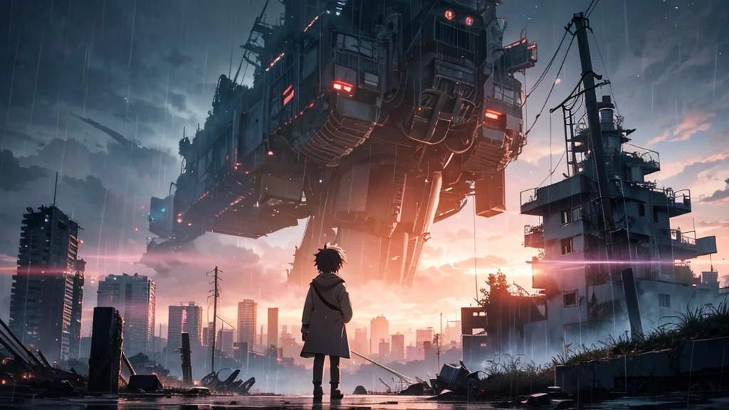 [anime　Ghibli style]The ruined city、The city is devastated by the battlefield and the lights are out。Standing in front of a giant robot、Back view of a little boy。The background is a dark night、The rain is falling sadly。The stars are shining in the night sky。The little birds are flying。I want to create an image that goes well with ambient music.。