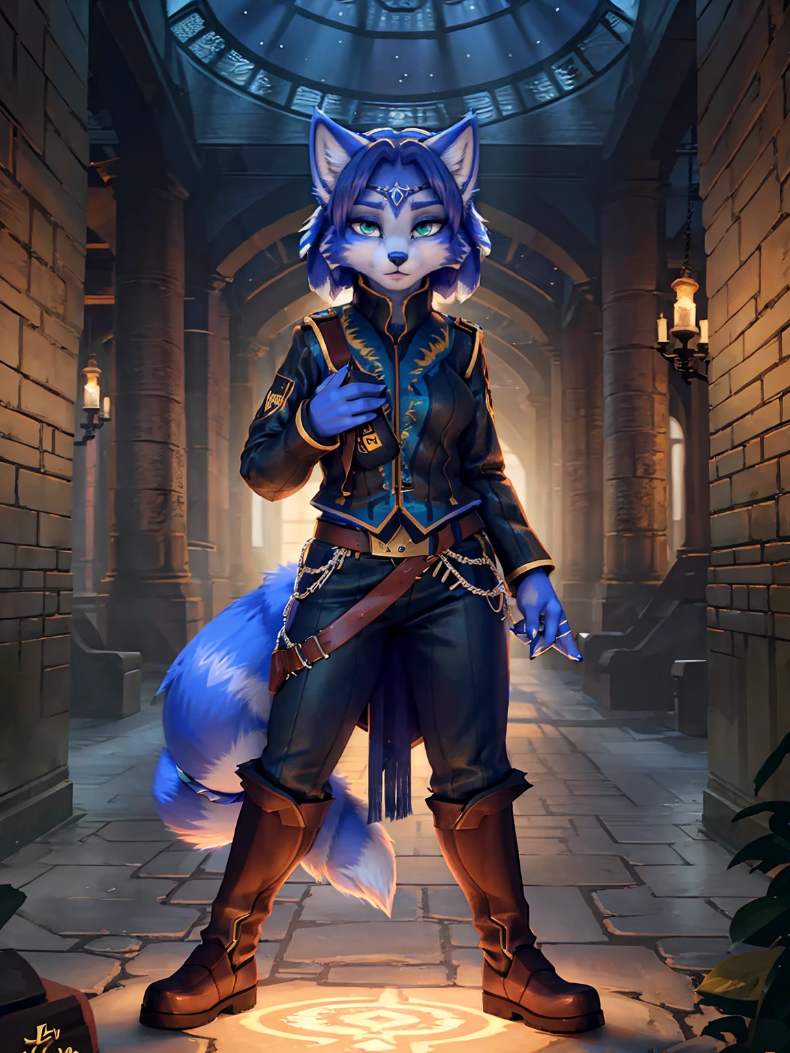 A beautiful and detailed (sweet picture) wa ((krystal)), Star Fox Krystal,  green eyes, medium breasts, (((Long blue hair 1.3))),  anthro, furry, (wa Fluff-Kevlar, Bayard Wu, personalize me, Pino Daeni),  detailed fluffy fur, detailed face, (fluffy), 1 girl, alone, hair cover one eye:1.4, wears tribal clothing with leather armor, wears tribal top with leather armor, steht in der großen halle wa hogwarts:1.4, (((she stands next to severus snape:1.3)))