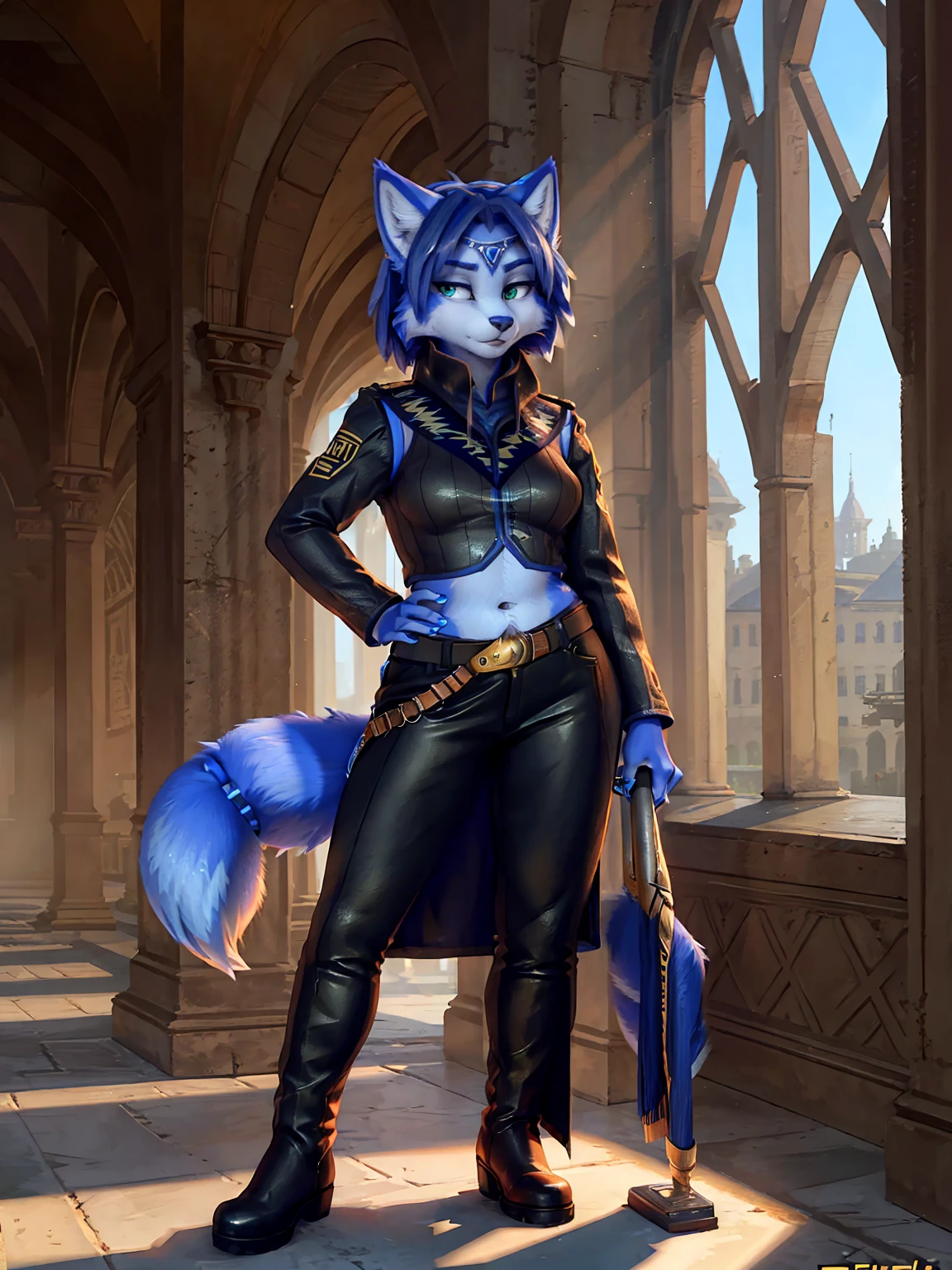 A beautiful and detailed (sweet picture) wa ((krystal)), Star Fox Krystal,  green eyes, medium breasts, (((Long blue hair 1.3))),  anthro, furry, (wa Fluff-Kevlar, Bayard Wu, personalize me, Pino Daeni),  detailed fluffy fur, detailed face, (fluffy), 1 girl, alone, hair cover one eye:1.4, wears tribal clothing with leather armor, wears tribal top with leather armor, steht in der großen halle wa hogwarts:1.4, (((she stands next to severus snape:1.3)))