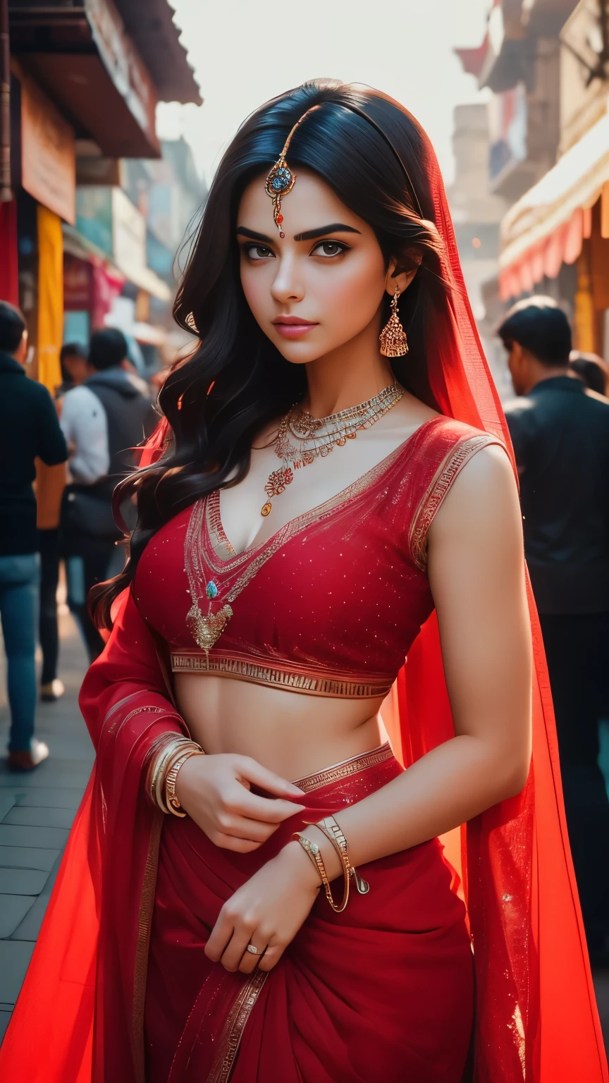 In the bustling streets of a vibrant Indian city, amidst the kaleidoscope of colors and scents, a woman (((Selena Gomez:Emma Watson:0.7))) clad in a vibrant red saree and a black blouse becomes an ethereal sight that captivates all who lay eyes upon her. Her undeniable beauty transcends time and space, leaving onlookers spellbound.

Describe the scene as the woman, with her graceful presence, glides through a crowded marketplace, where merchants and shoppers pause to admire her radiance. The atmosphere is alive with whispers as her mesmerizing allure evokes a sense of awe and admiration.

Embark on a journey to reveal the woman’s story—her name, her background, her passions—and the reasons behind her choice of attire. Explore her persona, intertwining elements of mystery and allure, as people speculate on the secrets hiding behind her enchanting gaze.

Incorporate the sights, sounds, and emotions that surround this extraordinary woman, as she navigates through the city’s vibrant tapestry. Whether it be the scent of freshly ground spices, the distant sound of temple bells, or the intricate henna designs adorning her hands, immerse the reader in the sensory experience of this captivating moment.

As the story unfolds, her path intertwines with that of a curious photographer who becomes determined to capture her undeniable beauty in a single photograph. Describe their encounters, the photographer’s attempts to understand her story, and the profound impact this woman’s presence has on his own life.