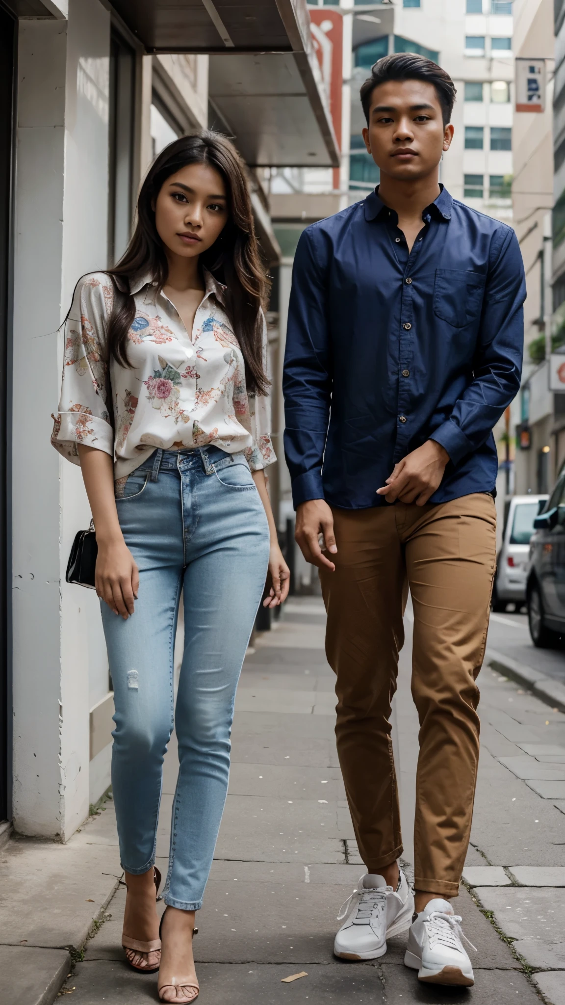 an Indonesian man and an Indonesian woman standing next to each other, an image, inspired by Adam Dario Keel, which is trending in the cg community, a handsome young Indonesian man with a beautiful young Indonesian woman with tangled hair, a man dressed in a shirt with shoes and a woman dressed in a blouse and highwaist skinny jeans and heels. singer, movie screencap, model elisajes from acquamodels