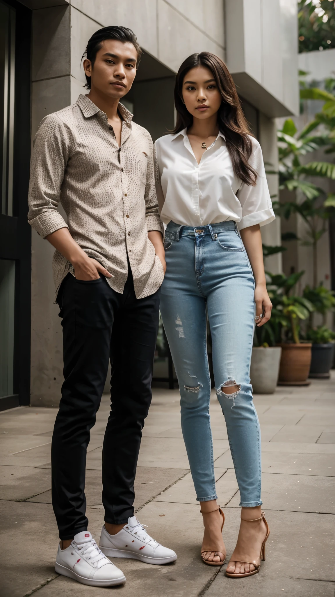 an Indonesian man and an Indonesian woman standing next to each other, an image, inspired by Adam Dario Keel, which is trending in the cg community, a handsome young Indonesian man with a beautiful young Indonesian woman with tangled hair, a man dressed in a shirt with shoes and a woman dressed in a blouse and highwaist skinny jeans and heels. singer, movie screencap, model elisajes from acquamodels