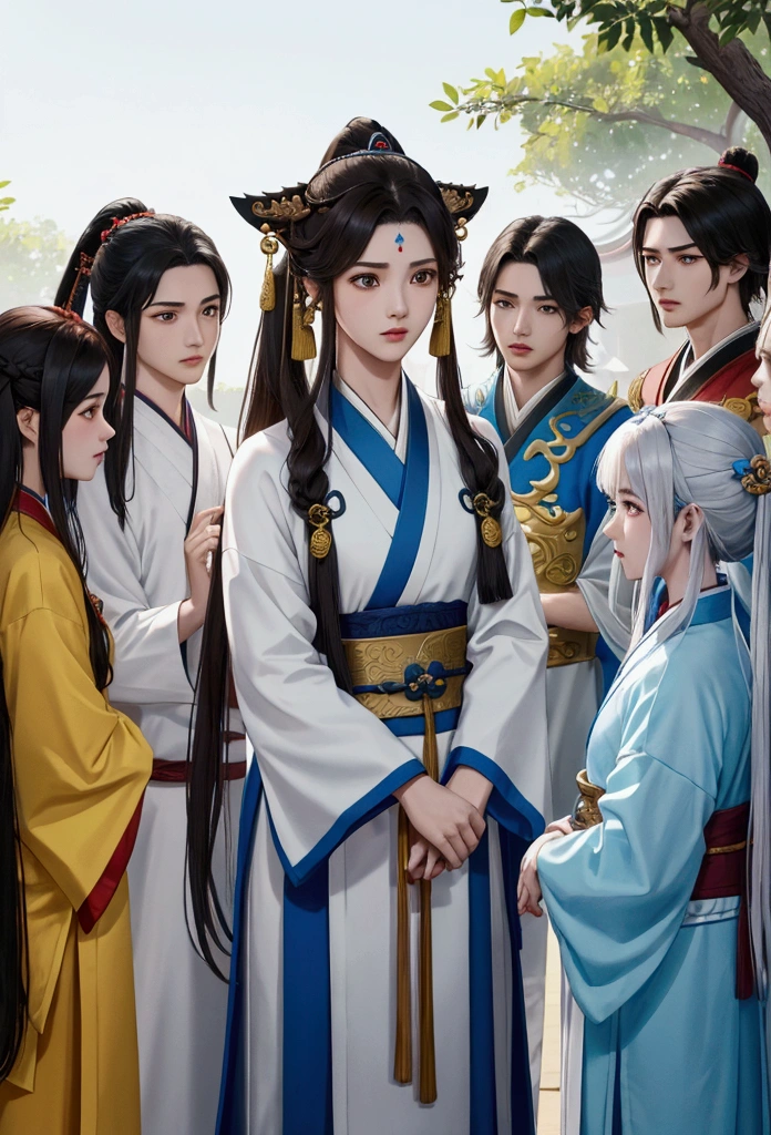 a close up of a group of people (3 girls and 4 boys) standing next to each other, game cg, xianxia fantasy, chinese fantasy, full body wuxia, chinese mmorpg, xianxia hero, korean mmo, wuxia, dynasty warriors, g liulian art style, mmorpg, by Ren Renfa, inspired by Pu Hua, mmorpg fantasy, 4k,8k RAW, High Resolution, Extream detailed, 3 girls and 4 boys, 1girl with brown hair and brown eyes used white clothes, big breasy, 1girl in a silver hair and used blue clothes, 1girl in a white hair and used yellow clothes, 3girls line up parallel in front, 4boys line up parallel in behind, all look at the camera, very detailed every character,